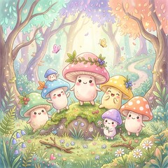 Fototapeta premium adorable smiling mushrooms with rosy cheeks, cute kawaii faces, whimsical woodland setting, pastel color palette, children's illustration style