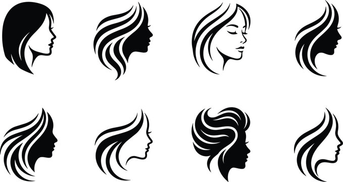 Elegant women hairstyle silhouette collection featuring female profile icons with flowing hair designs for beauty salon branding