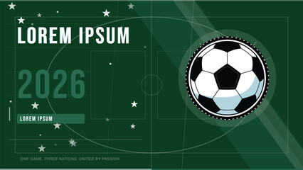 Vector illustration of a soccer ball on a green soccer field background with stars and text © graphicartstore26