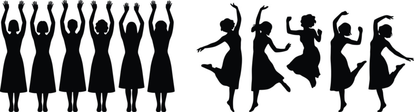 Women dancing silhouette collection featuring graceful female performers in expressive movement poses isolated vector illustration set design