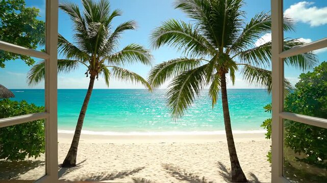 View of a tropical beach with palm trees from a curtained balcony