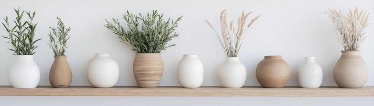 Arrangement of various vases with plants on a shelf.