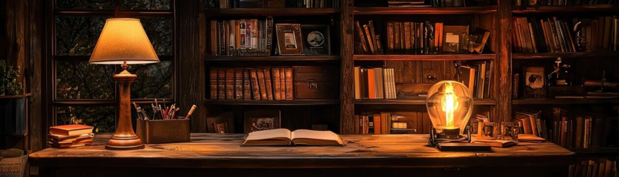 Warm study space with antique bookshelves.