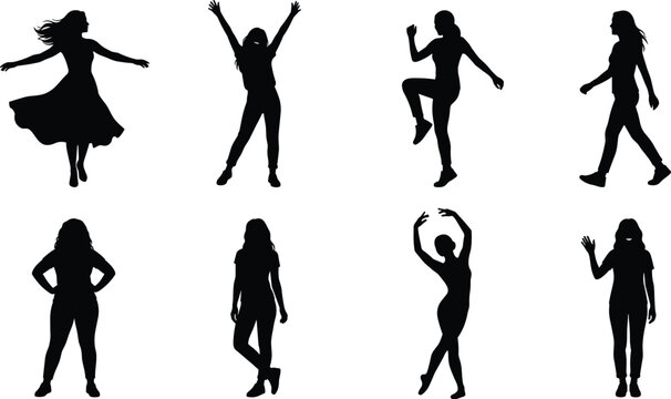 Women silhouette collection featuring dancing walking standing and active female poses isolated vector illustration set design