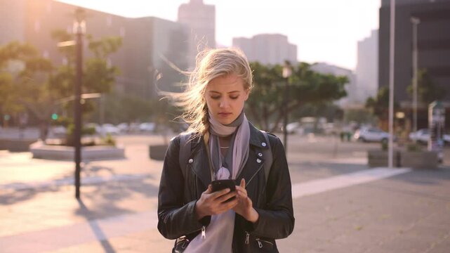Face, student or woman with phone in city for education, connectivity or commute to college campus. Portrait, reading or happy scholar with mobile for networking, class schedule or travel to school