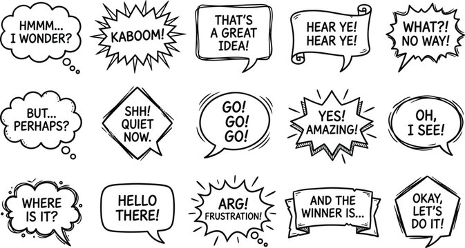 Hand drawn speech bubbles collection with diverse expressions and text