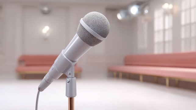 Microphone on Stand in Studio Space with Soft Lighting and Pink Seating