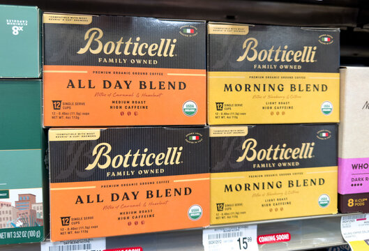 Botticelli Coffee Pods Boxes On Supermarket Shelf
