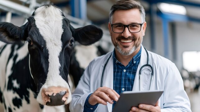 Veterinarian smiling, holding a digital tablet, standing next to a holstein cow inside a modern dairy farm, monitoring livestock health and performing routine checks