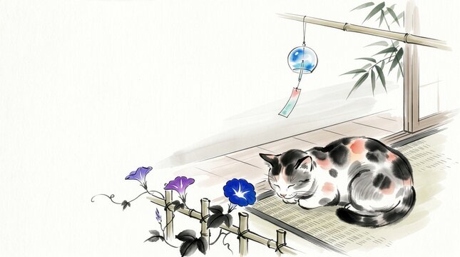 Ink illustration of a sleeping calico cat on a tatami mat with morning glories and a wind chime