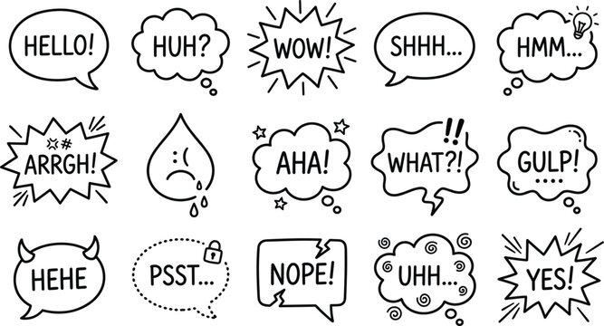 Hand drawn speech bubble set diverse expressions for communication and design projects