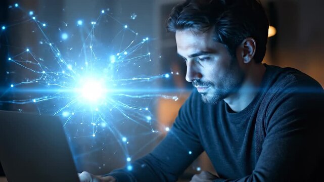 Man working on laptop with glowing digital network visualization overlay