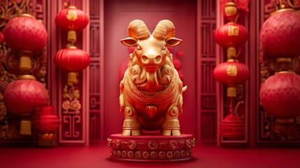 Obraz premium Traditional Goat Statue Adorned with Engraved Patterns in Festive Setting