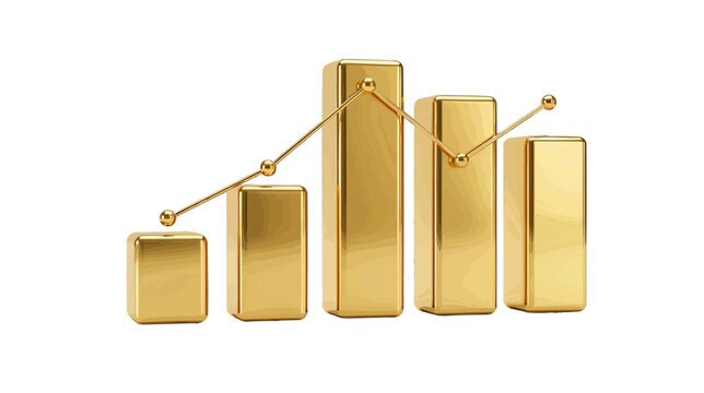 Vector illustration of 3d render of golden bar chart with trend line on a transparent background