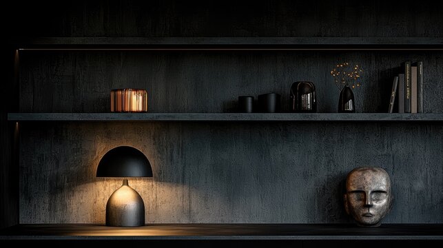 Dark wood shelving unit with decorative objects and lighting.