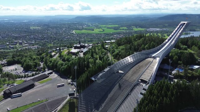 Aerial view of Holmenkollen ski jump in Oslo, Norway.
