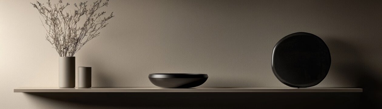 Minimalist shelf display with decorative objects.
