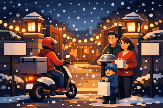 Delivery person arrives at a house on a snowy night with a family waiting outside for their food order