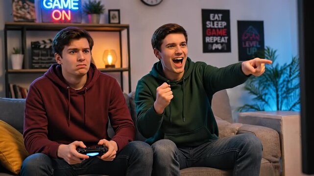 Young men intensely playing video games with controllers and snacks at home