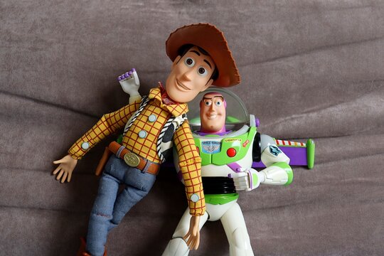Salvador, Brazil - June 6, 2026: Sheriff Woody and Buzz Lightyear toys displayed together. Toy Story 5 movie concept.