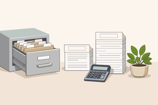 File organization and planning tools on a simple desk with a calculator and a plant near a drawer filled with folders