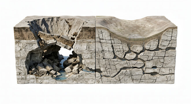 Highly Detailed 3D Scientific Render Comparing Collapse and Dissolution Sinkholes (Dolines), Suitable for Science Education, Isolated on White Background.