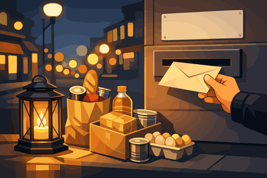 Delivery at night with food items and letter at mailbox on a quiet street in a city