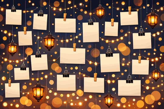 Blank papers hang on a string with lights and lanterns during a nighttime event in a festive atmosphere