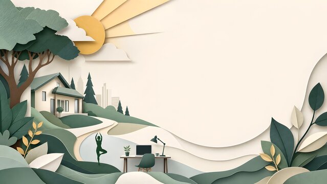 Work Life Balance Concept with Home Office and Yoga Silhouette Layered Papercut Graphic Illustration for Remote Working Mindfulness Copyspace Background