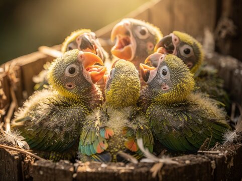 Several Fluffy Macaw Chicks Huddling Together in a Nest
