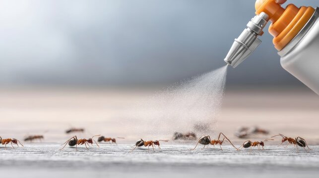 Human Arm Aiming Spray Mist at Line of Ants on Wooden Surface