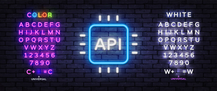 Neon API processor icon with editable letters and glowing number set. Modern technology typography template for coding, software or digital interface.