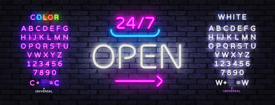 Neon open lettering with editable alphabet and bright numeric characters. Modern glowing font template for advertising, retail or business design.