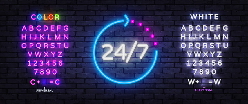 Futuristic 24 7 neon symbol with editable typography and glowing letters. Bright cyber style template for support service, delivery or online business.