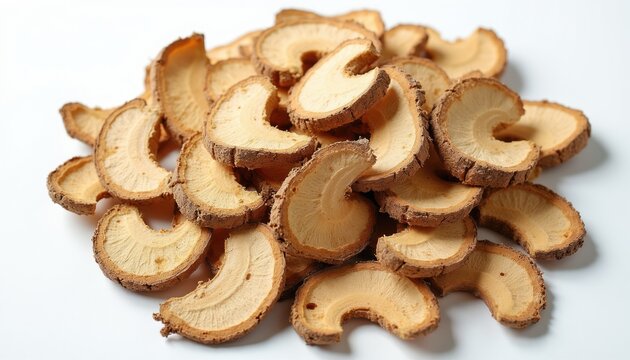 Dried angelica root slices show rough woody texture, light brown color. These natural plant pieces used in medicine, cooking, and beauty treatments.