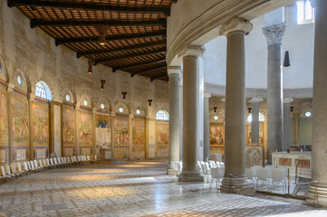 Obraz premium Basilica of Santo Stefano Rotondo on the Caelian Hill in Rome, Italy. Circular nave walls decorated with Renaissance martyrdom frescoes