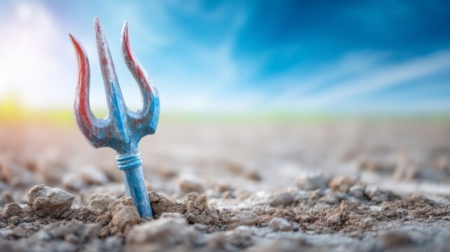 Single Trident Standing Upright on Open Ground Under a Clear Blue Sky