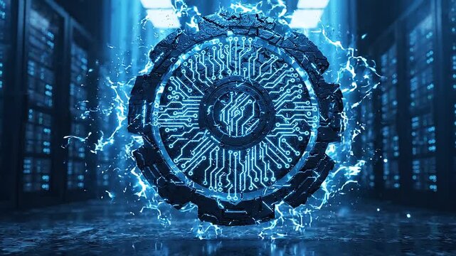Futuristic AI quantum core with glowing circuit patterns floating and pulsing with electric energy in a dark server room datacenter, slow zoom-in 3D animation