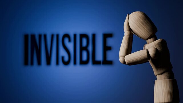 Invisible concept animation, mannequin touching mirror fading into darkness, social invisibility and feeling unseen, emotional isolation 3D render