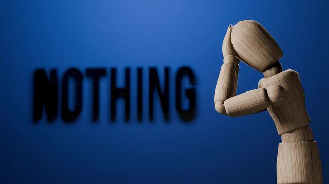 Nothing concept animation, wooden mannequin touching mirror, sense of total emptiness and absence of identity, dark minimal existential 3D scene