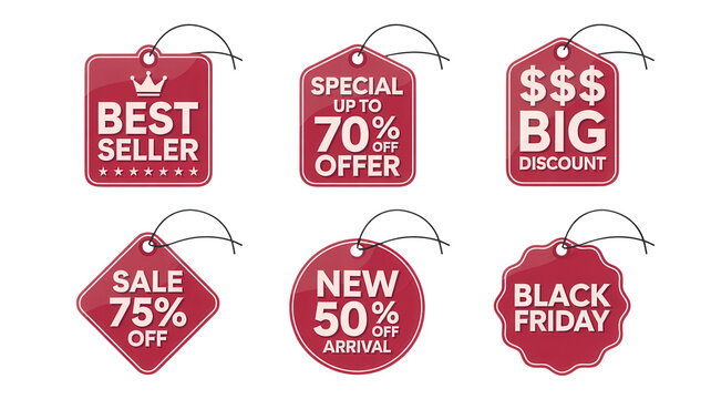 Set of red sale tags and discount labels for retail shopping events as cut out PNG