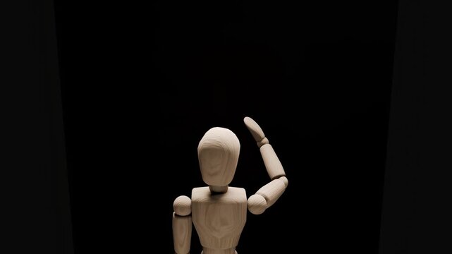 Fake identity concept animation, wooden mannequin touching mirror, illusion of self and artificial personality, psychological deception dark 3D render