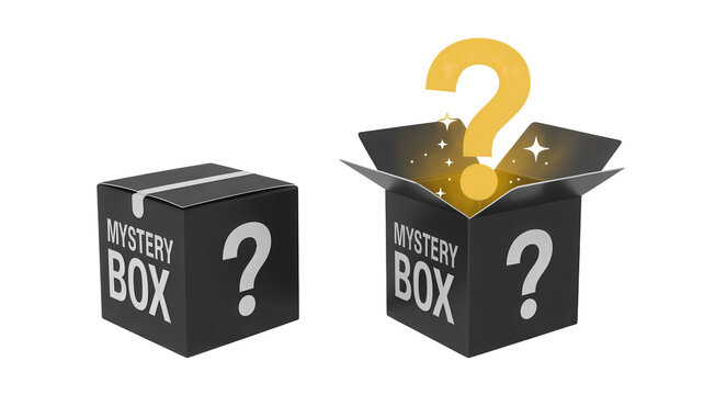 Two black mystery boxes with question marks on transparent background