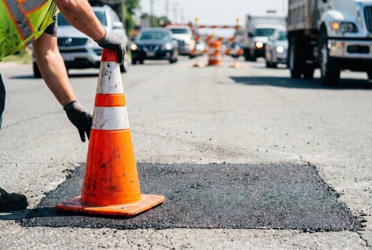 Road worker placing an orange reflective traffic cone next to a fresh square asphalt patch