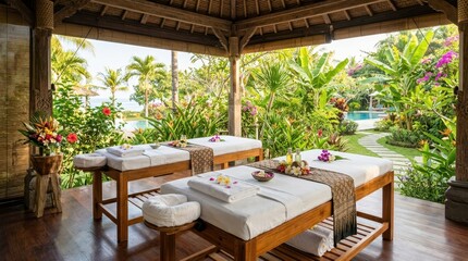 Fototapeta premium Tropical spa massage beds set up outdoors with lush garden and ocean view