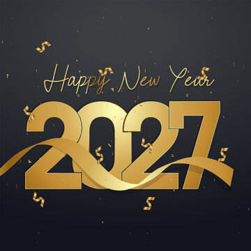 2027 Happy New Year Gold Decorative Ornate Text Dark Background Design