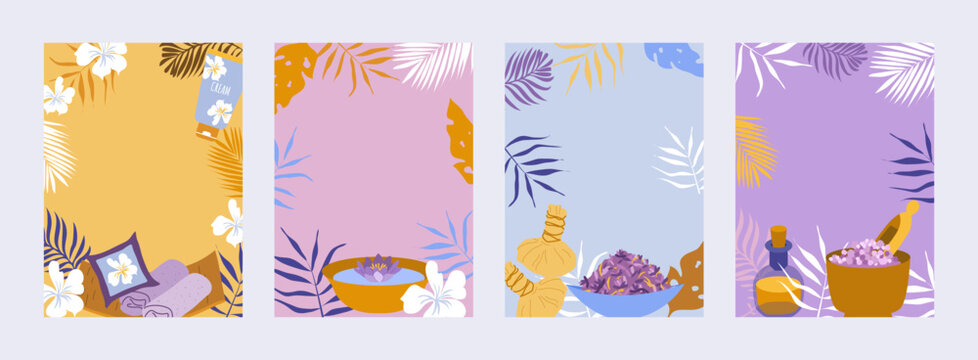 Set of 4 exotic spa and wellness border frames with copy space. Vector illustration of vertical resort menu card templates with lotus, massage herbal bags, towels and bath salt on pastel background.