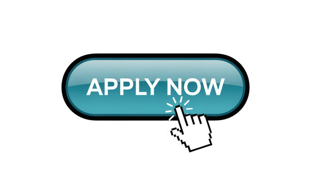 Teal button with apply now text and hand cursor on transparent background