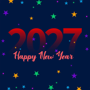 2027 Happy New Year Colorful Stars Red Blue Green Dark Black Background
