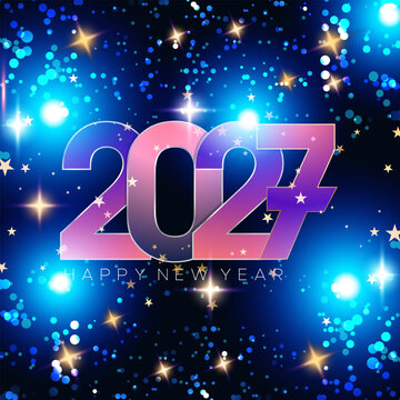 2027 Happy New Year Neon Colorful Bokeh Lights Dark Blue Background